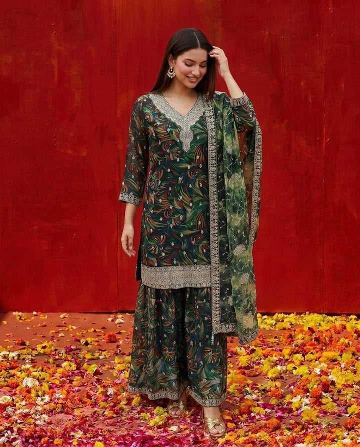 Green Printed Embroidered Silk Blended 3/4 Sleeves Kurta Bottom Dupatta Set