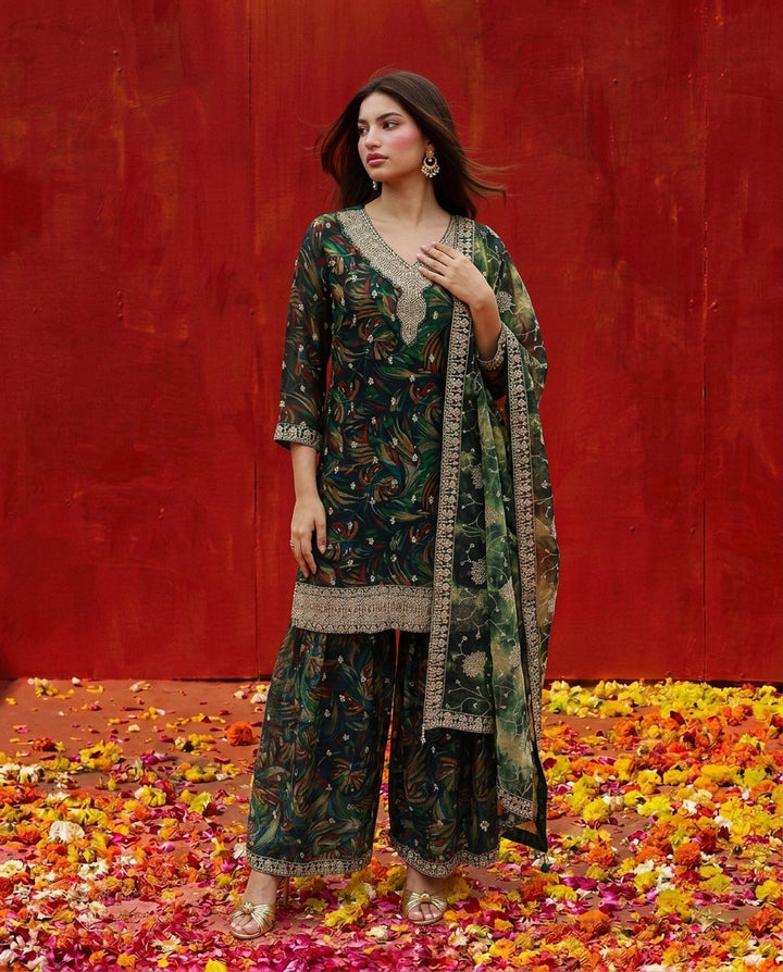 Green Printed Embroidered Silk Blended 3/4 Sleeves Kurta Bottom Dupatta Set
