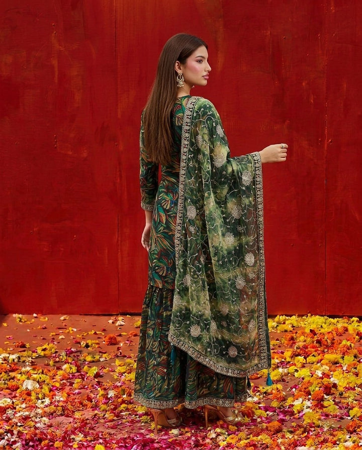 Green Printed Embroidered Silk Blended 3/4 Sleeves Kurta Bottom Dupatta Set