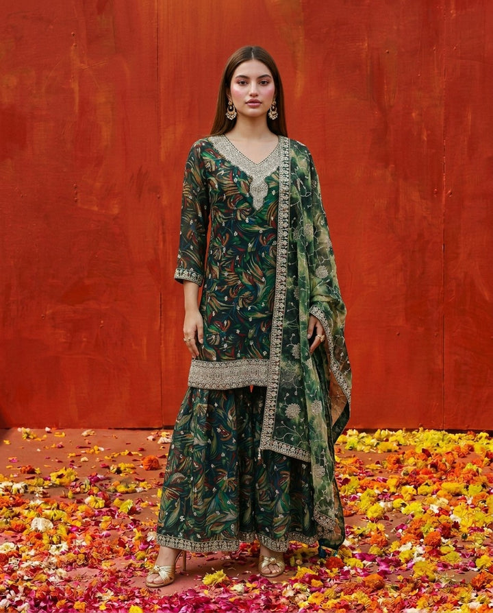Green Printed Embroidered Silk Blended 3/4 Sleeves Kurta Bottom Dupatta Set