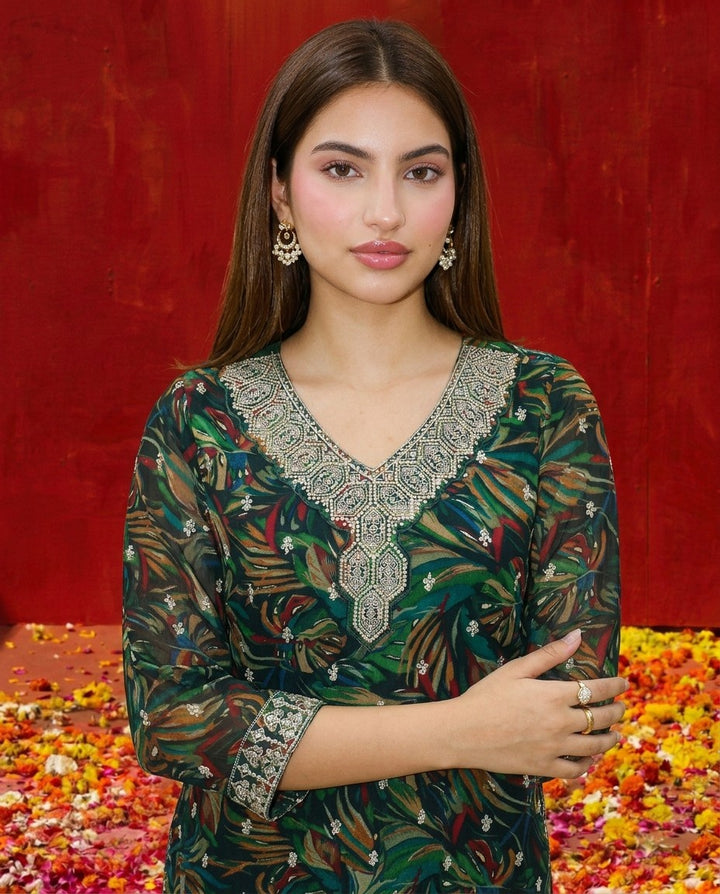 Green Printed Embroidered Silk Blended 3/4 Sleeves Kurta Bottom Dupatta Set