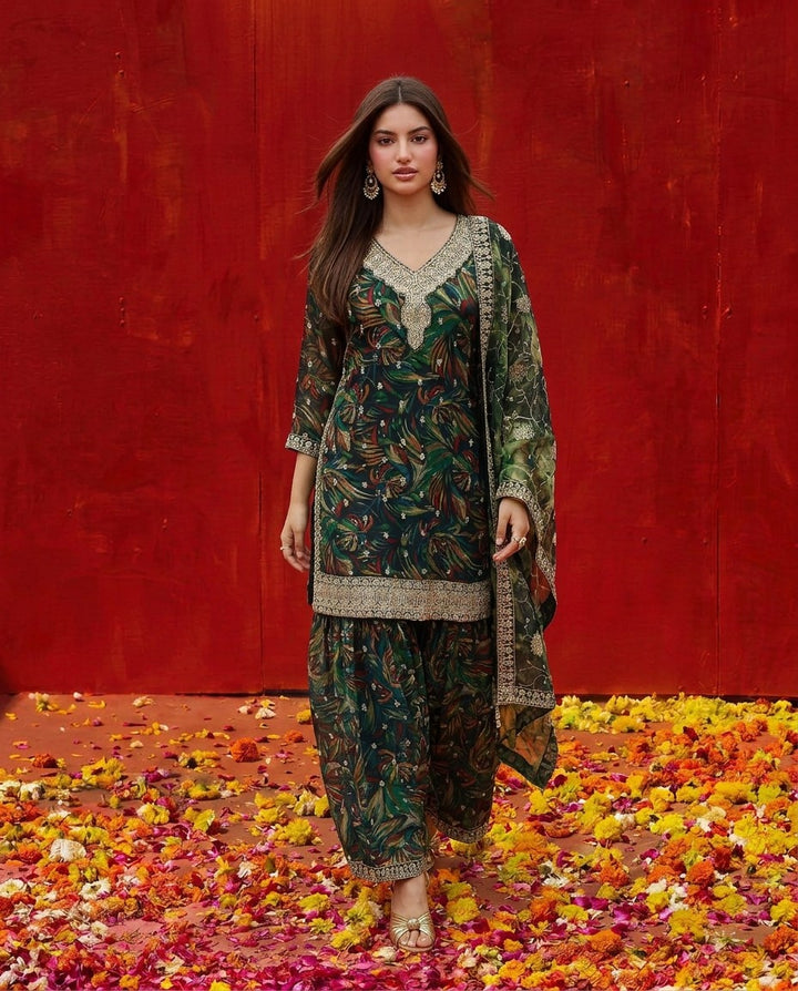 Green Printed Embroidered Silk Blended 3/4 Sleeves Kurta Bottom Dupatta Set