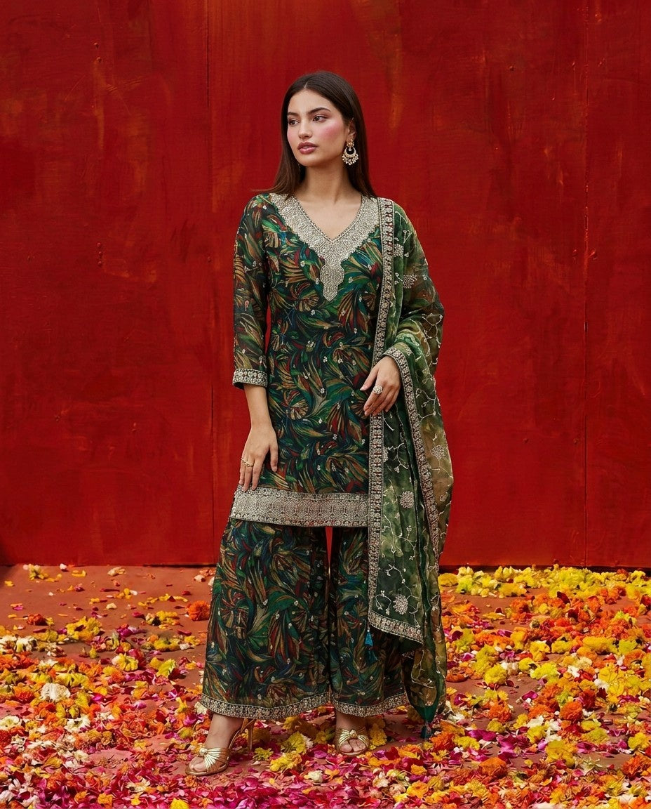 Green Printed Embroidered Silk Blended 3/4 Sleeves Kurta Bottom Dupatta Set