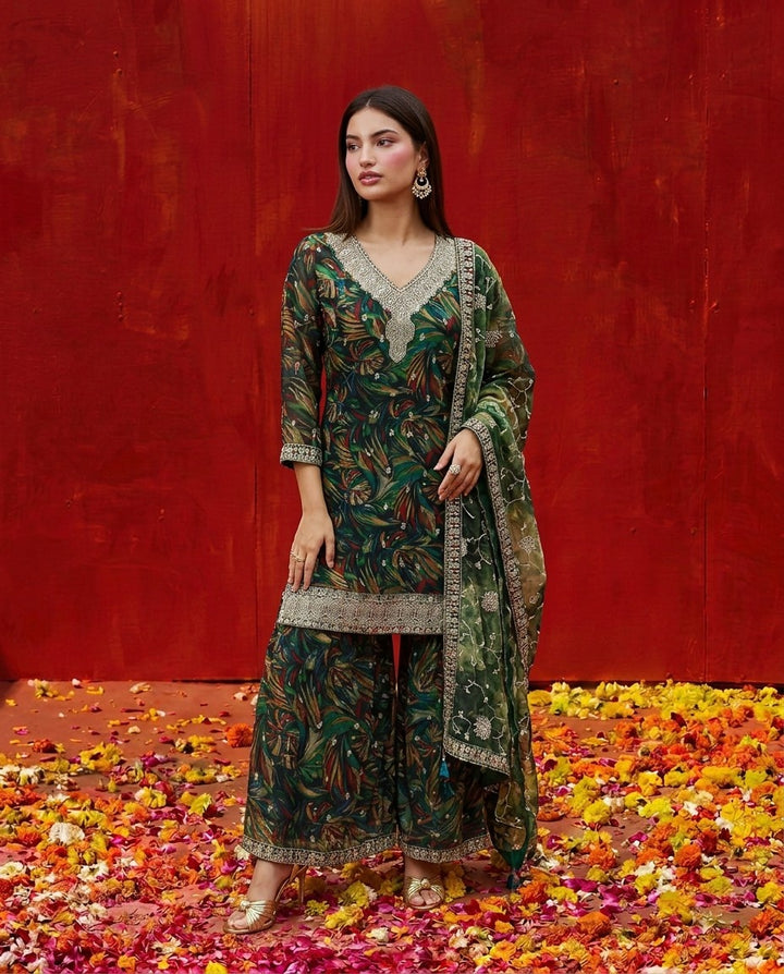 Green Printed Embroidered Silk Blended 3/4 Sleeves Kurta Bottom Dupatta Set