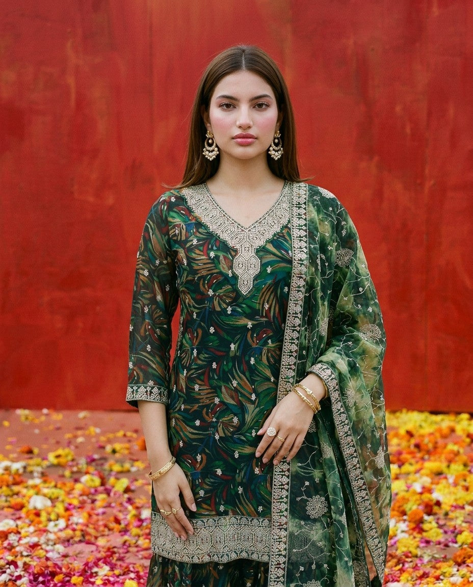Green Printed Embroidered Silk Blended 3/4 Sleeves Kurta Bottom Dupatta Set