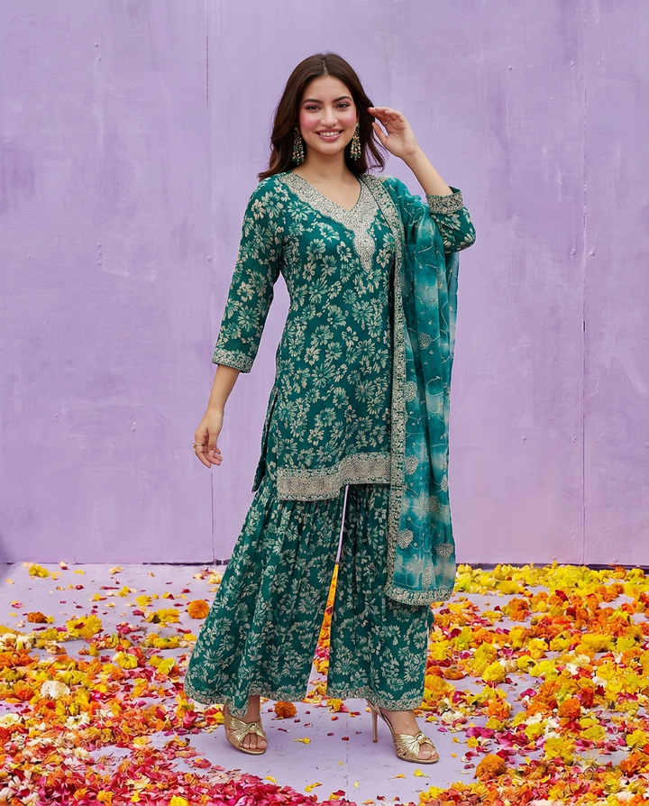 Green Printed Embroidered Silk Blended 3/4 Sleeves Kurta Bottom Dupatta Set