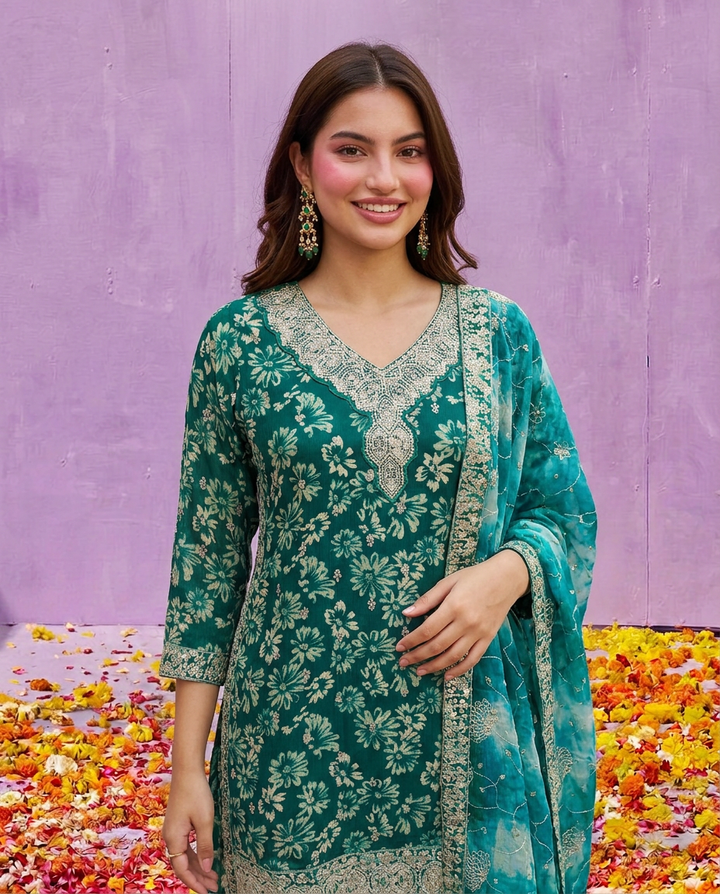 Green Printed Embroidered Silk Blended 3/4 Sleeves Kurta Bottom Dupatta Set