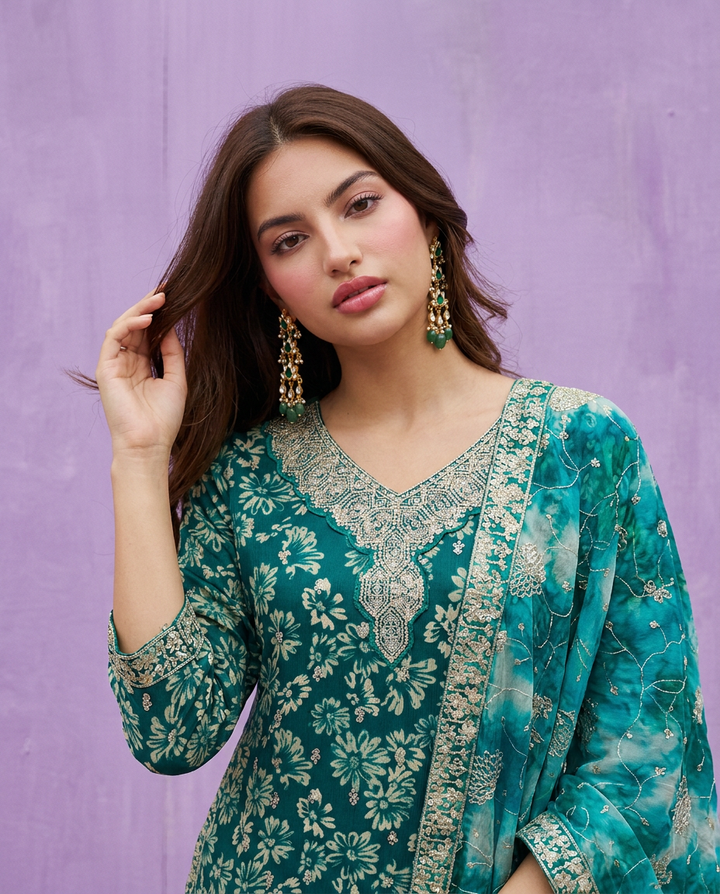 Green Printed Embroidered Silk Blended 3/4 Sleeves Kurta Bottom Dupatta Set