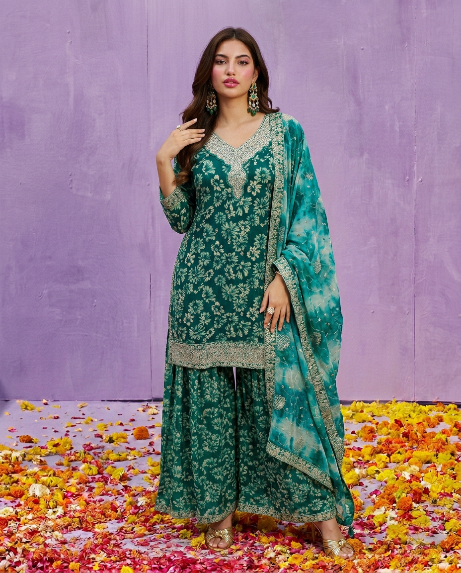 Green Printed Embroidered Silk Blended 3/4 Sleeves Kurta Bottom Dupatta Set