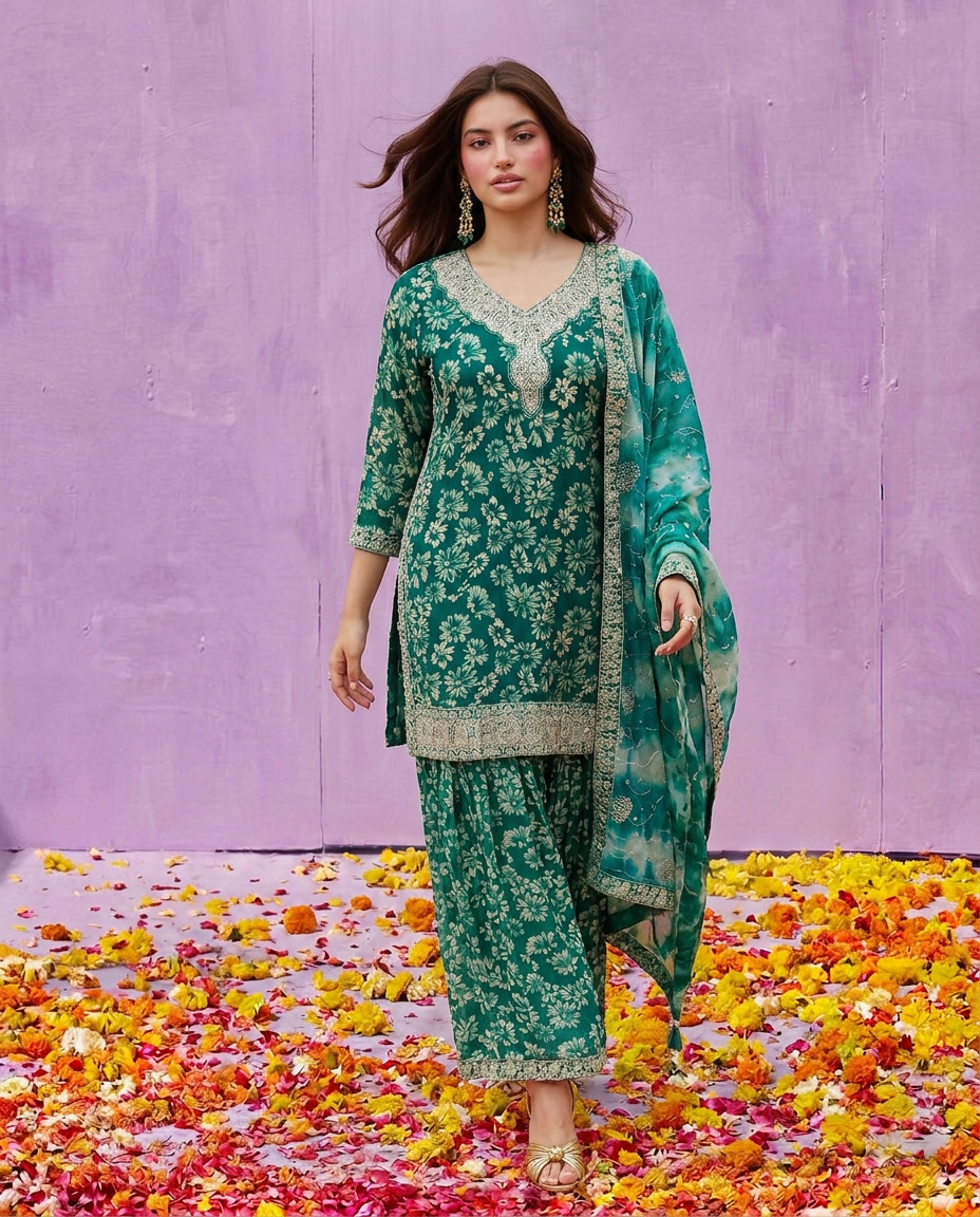 Green Printed Embroidered Silk Blended 3/4 Sleeves Kurta Bottom Dupatta Set