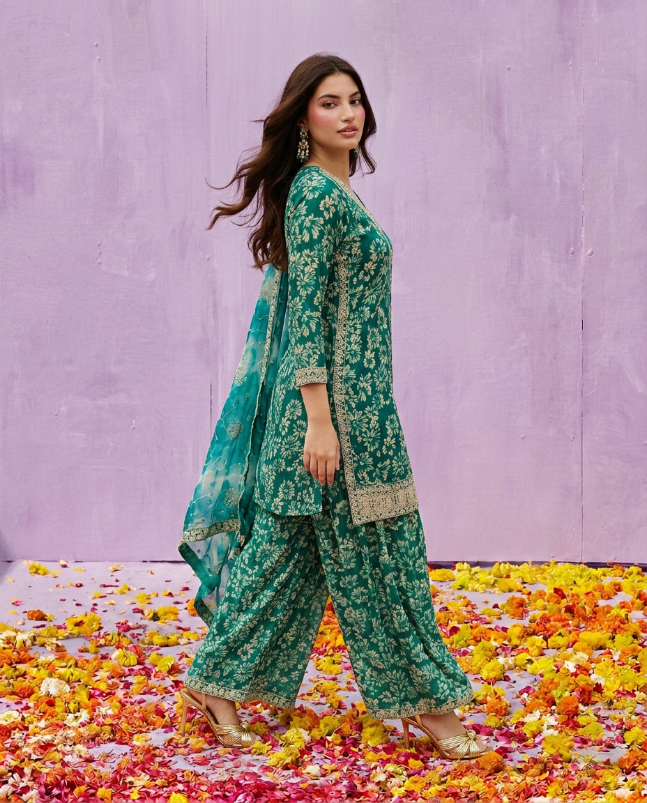 Green Printed Embroidered Silk Blended 3/4 Sleeves Kurta Bottom Dupatta Set