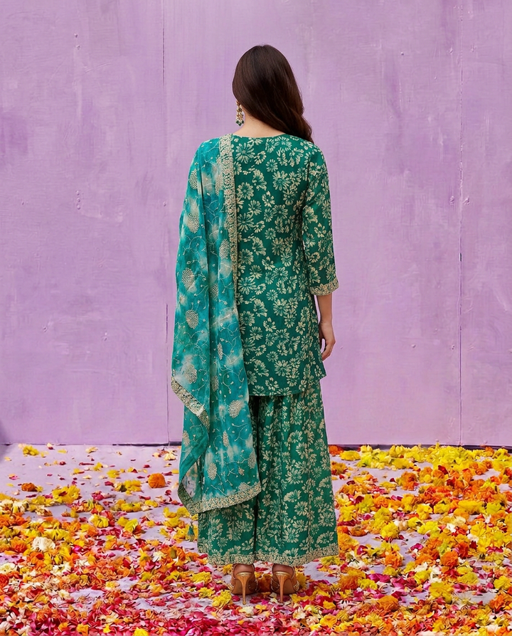 Green Printed Embroidered Silk Blended 3/4 Sleeves Kurta Bottom Dupatta Set
