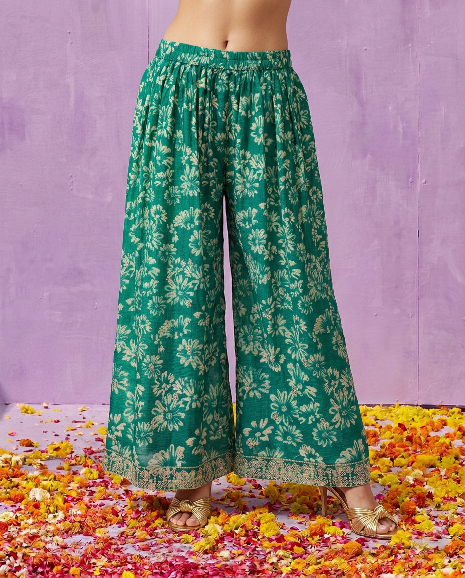 Green Printed Embroidered Silk Blended 3/4 Sleeves Kurta Bottom Dupatta Set