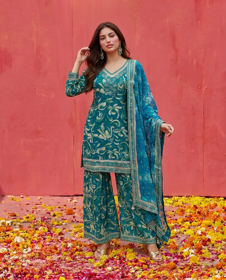 Green Printed Embroidered Silk Blended 3/4 Sleeves Kurta Bottom Dupatta Set