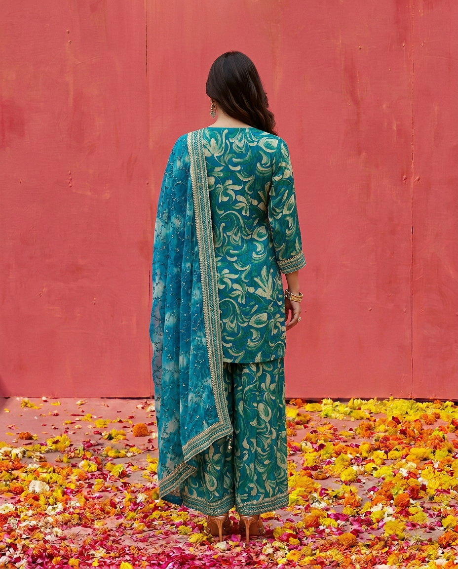 Green Printed Embroidered Silk Blended 3/4 Sleeves Kurta Bottom Dupatta Set