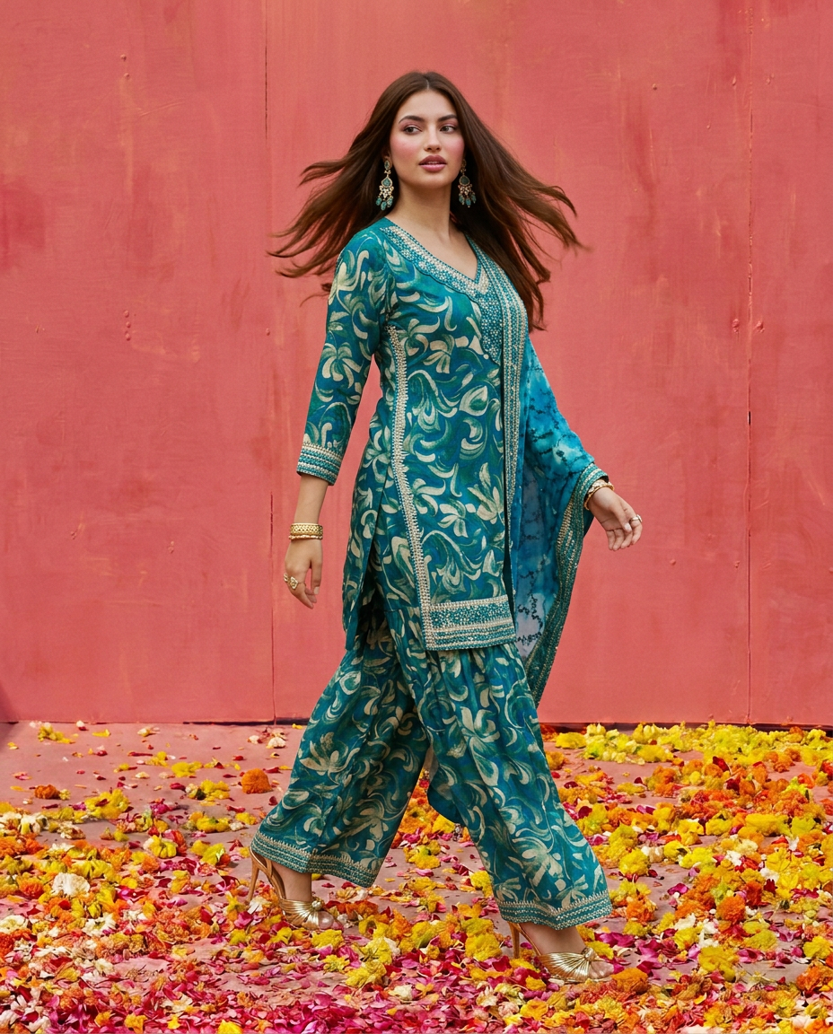Green Printed Embroidered Silk Blended 3/4 Sleeves Kurta Bottom Dupatta Set