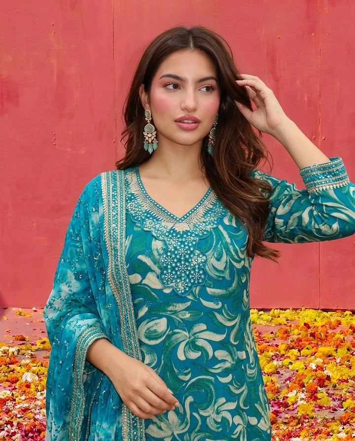 Green Printed Embroidered Silk Blended 3/4 Sleeves Kurta Bottom Dupatta Set