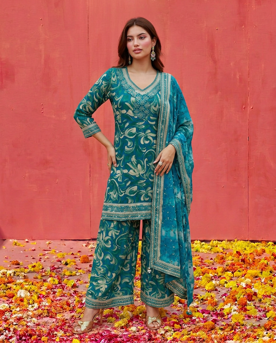Green Printed Embroidered Silk Blended 3/4 Sleeves Kurta Bottom Dupatta Set