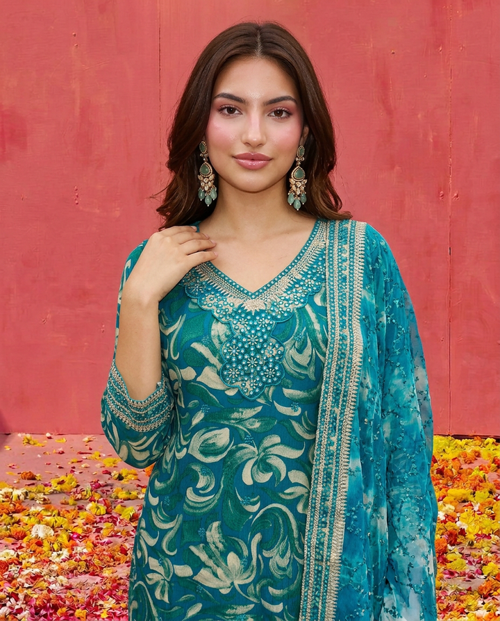 Green Printed Embroidered Silk Blended 3/4 Sleeves Kurta Bottom Dupatta Set