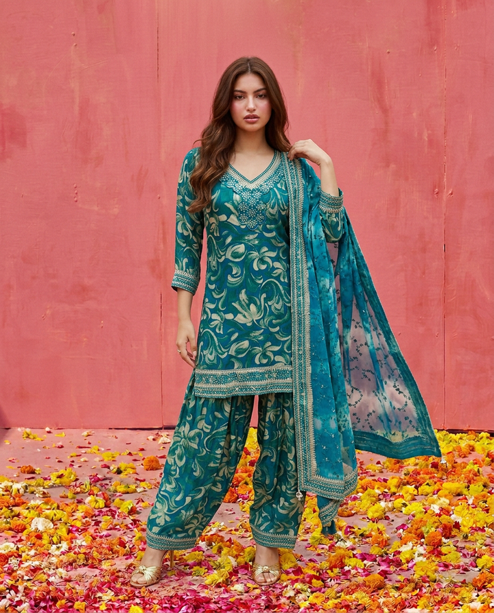 Green Printed Embroidered Silk Blended 3/4 Sleeves Kurta Bottom Dupatta Set