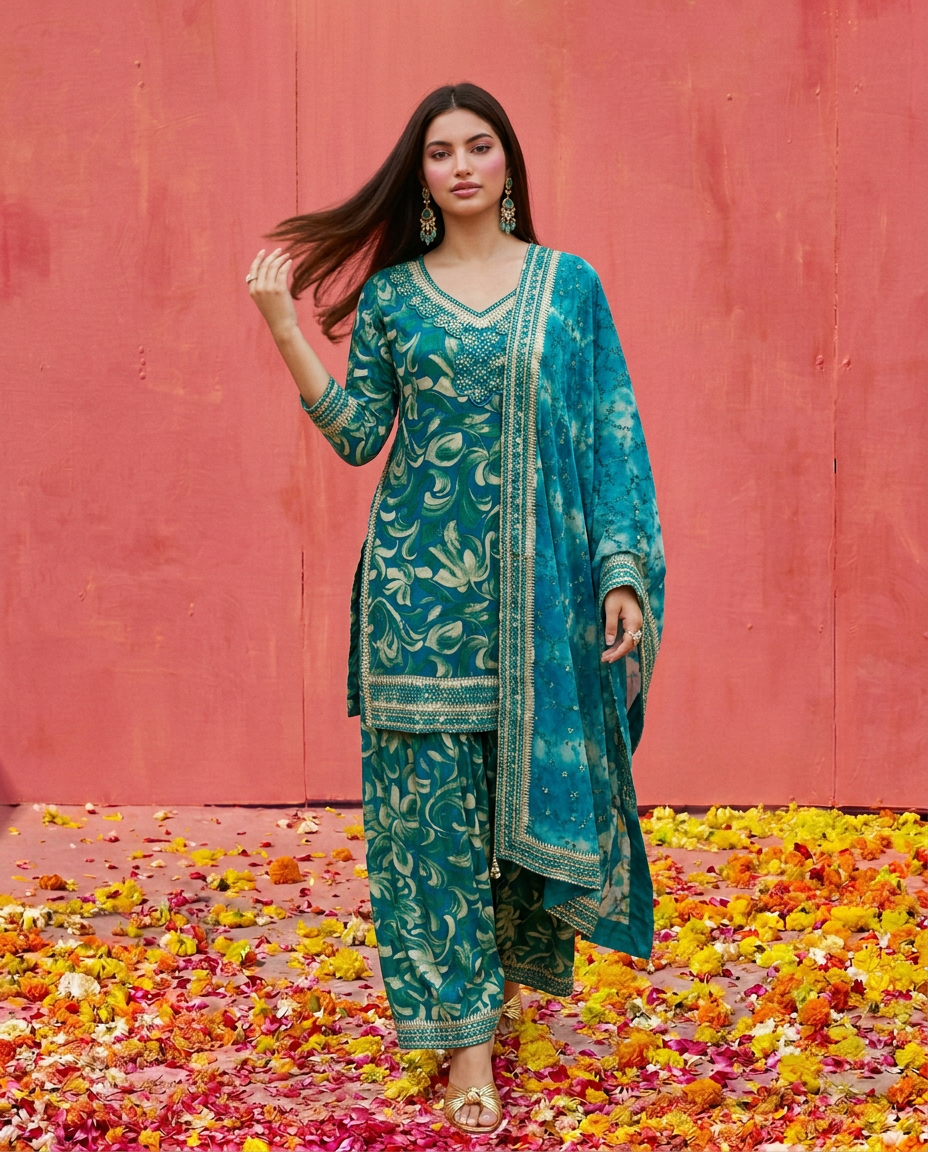 Green Printed Embroidered Silk Blended 3/4 Sleeves Kurta Bottom Dupatta Set