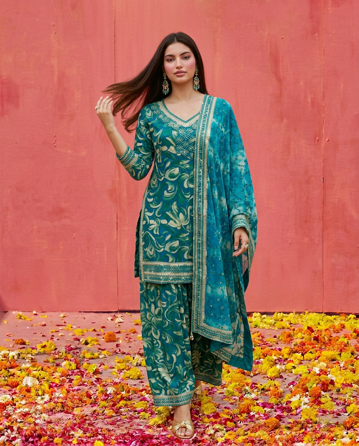 Green Printed Embroidered Silk Blended 3/4 Sleeves Kurta Bottom Dupatta Set