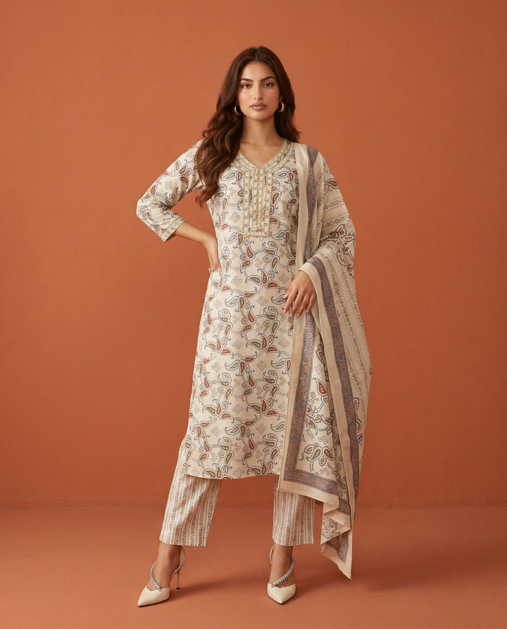 White Printed Chanderi Kurta Bottom Dupatta Set