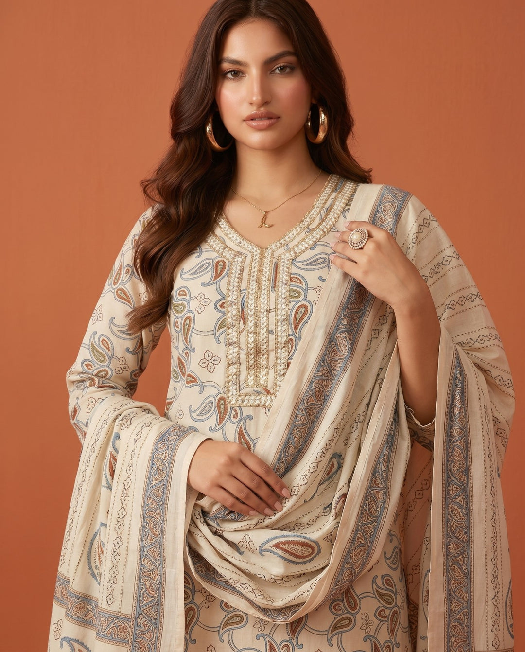 White Printed Chanderi Kurta Bottom Dupatta Set