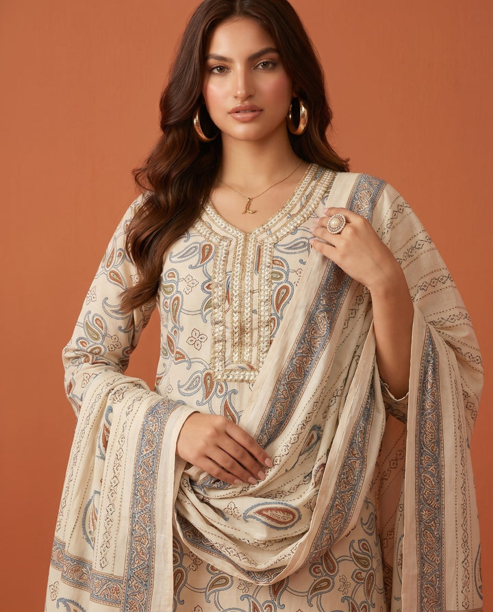 White Printed Chanderi Kurta Bottom Dupatta Set