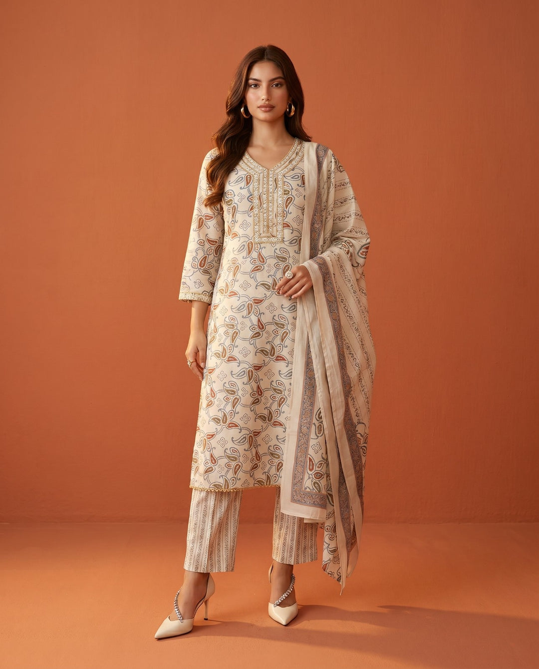 White Printed Chanderi Kurta Bottom Dupatta Set