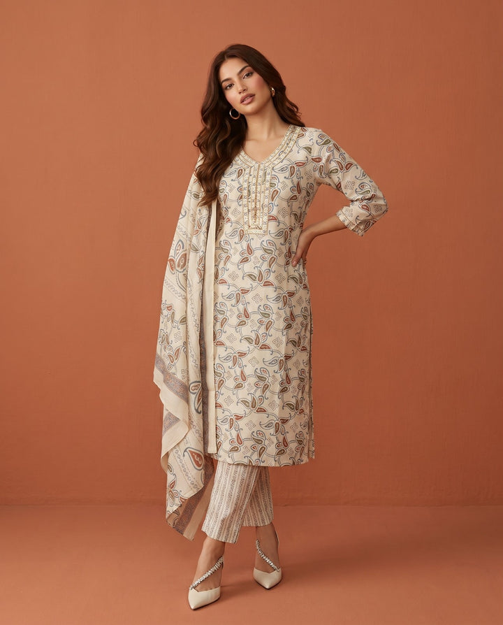 White Printed Chanderi Kurta Bottom Dupatta Set