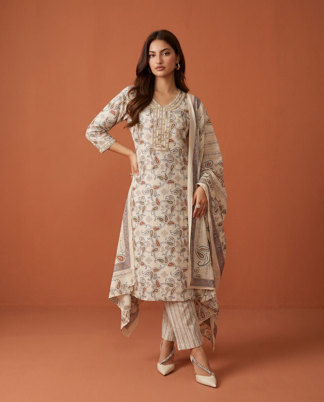White Printed Chanderi Kurta Bottom Dupatta Set