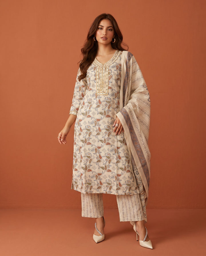 White Printed Chanderi Kurta Bottom Dupatta Set