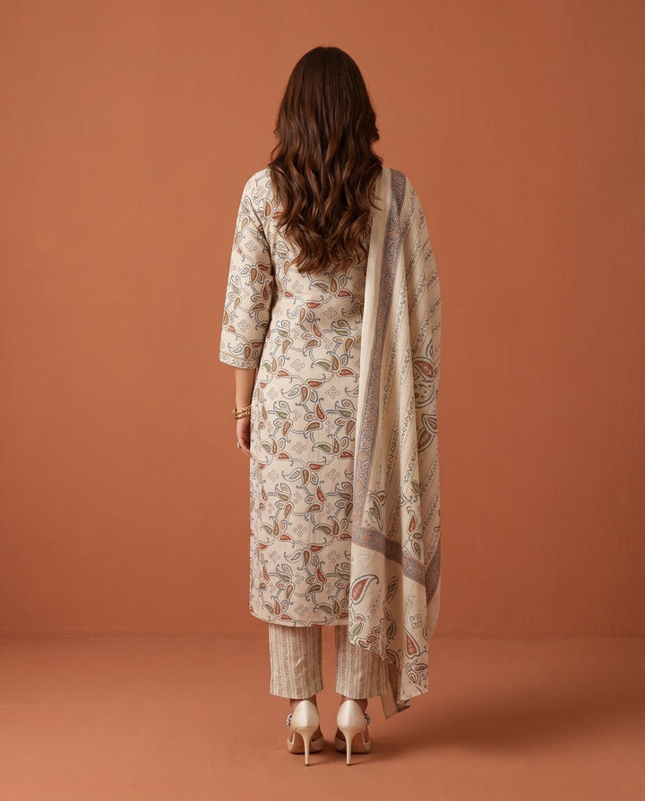 White Printed Chanderi Kurta Bottom Dupatta Set