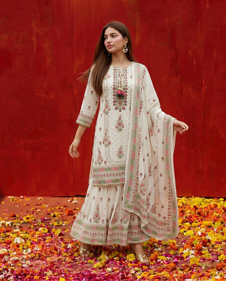 White Embroidered Georgette Kurta Bottom Dupatta Set