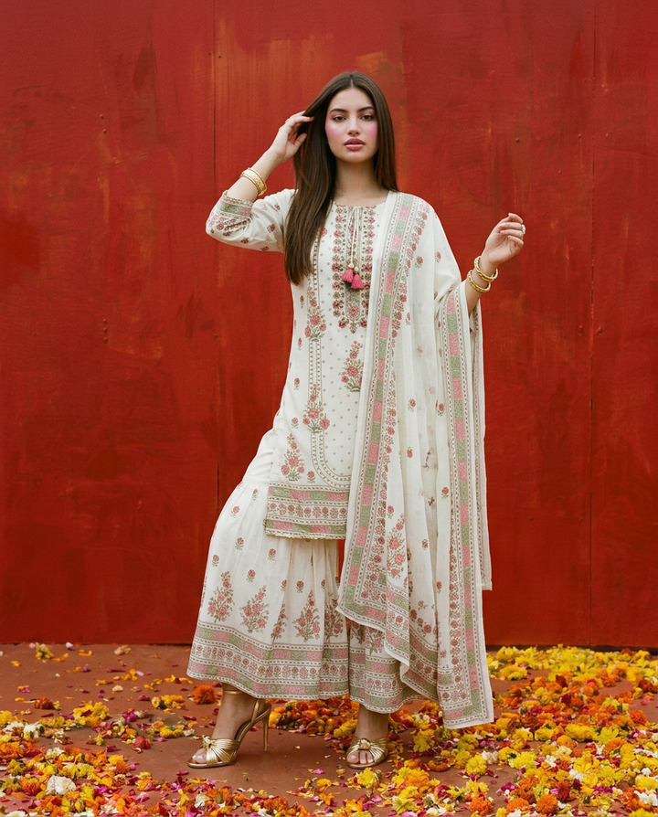 White Embroidered Georgette Kurta Bottom Dupatta Set