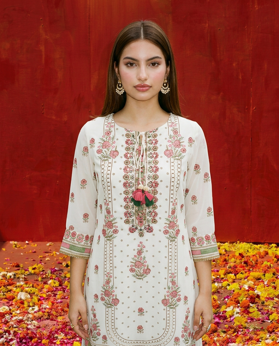 White Embroidered Georgette Kurta Bottom Dupatta Set