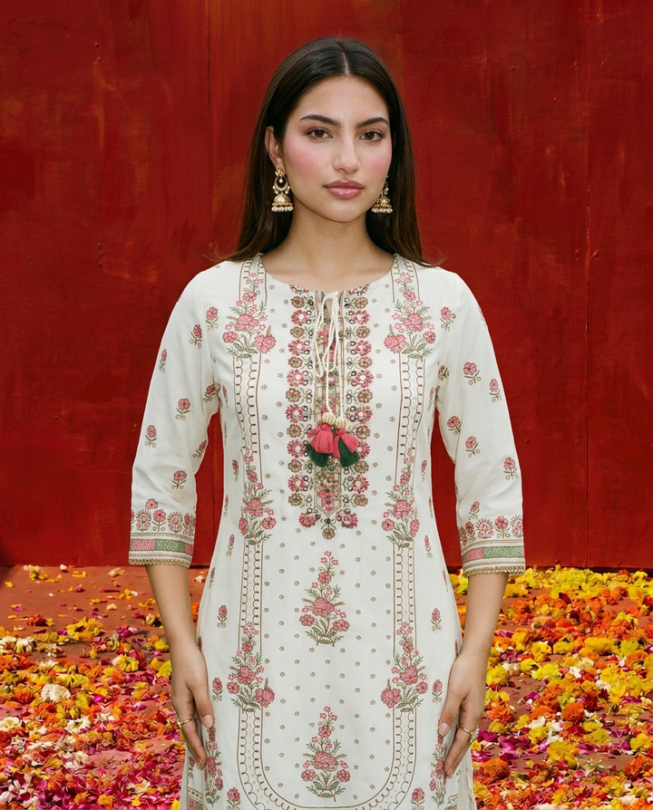 White Embroidered Georgette Kurta Bottom Dupatta Set
