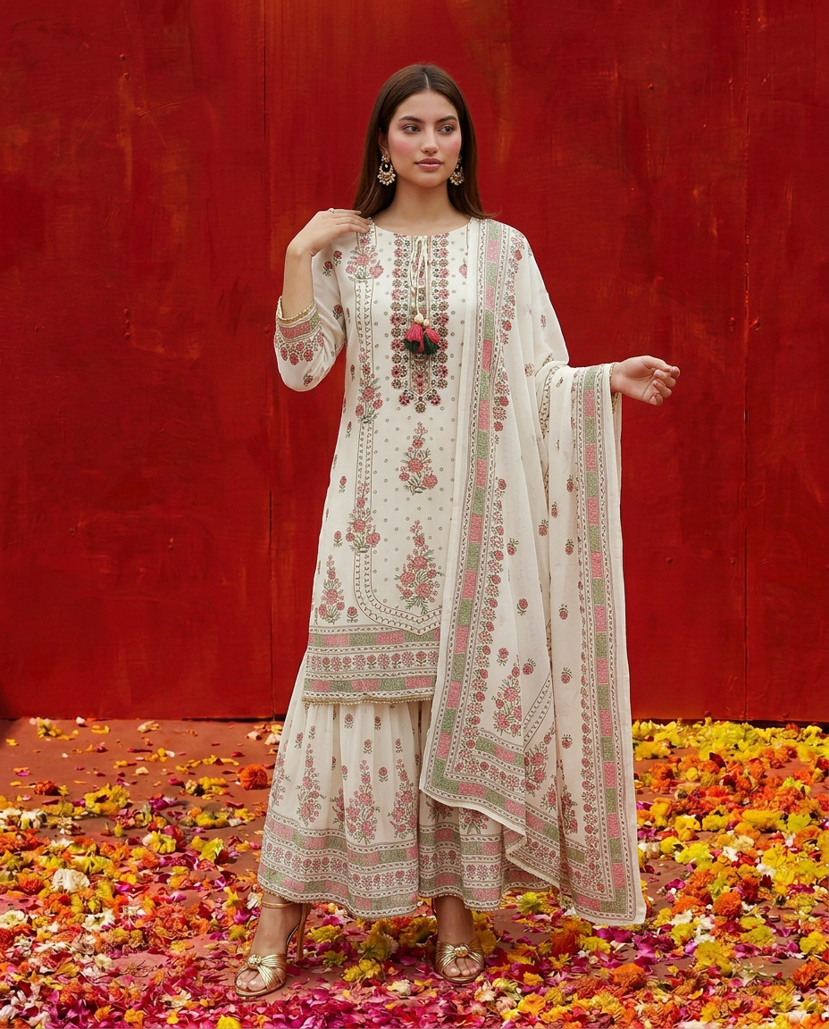 White Embroidered Georgette Kurta Bottom Dupatta Set
