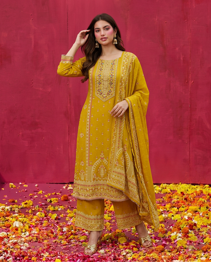 Yellow Embroidered Georgette Kurta Bottom Dupatta Set