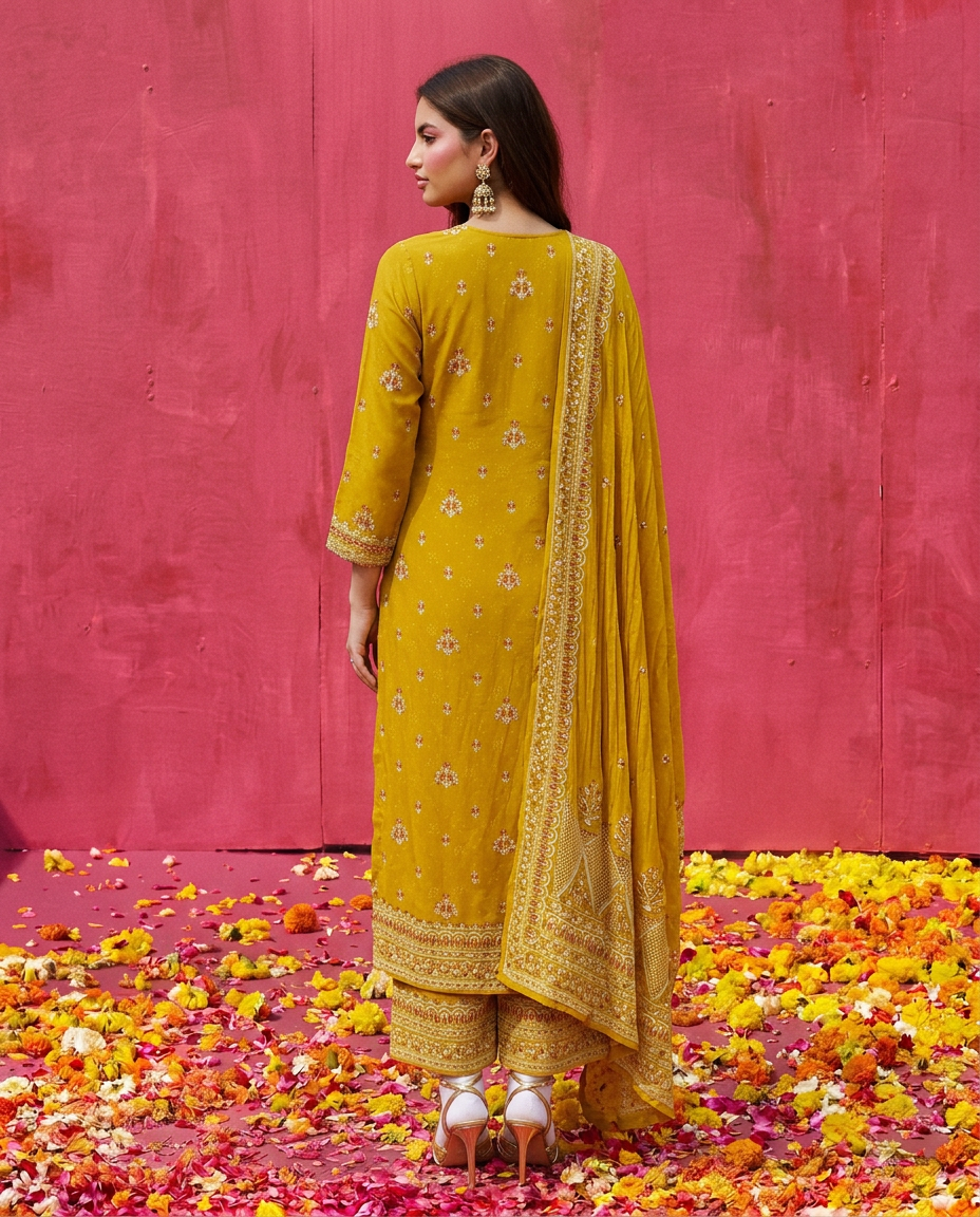 Yellow Embroidered Georgette Kurta Bottom Dupatta Set