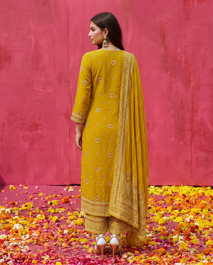 Yellow Embroidered Georgette Kurta Bottom Dupatta Set