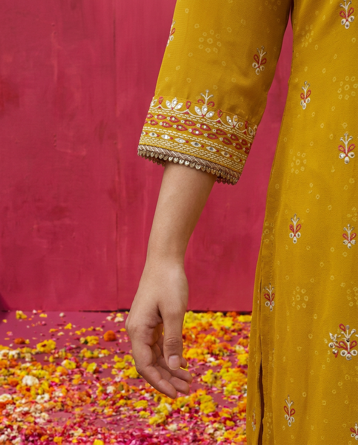 Yellow Embroidered Georgette Kurta Bottom Dupatta Set