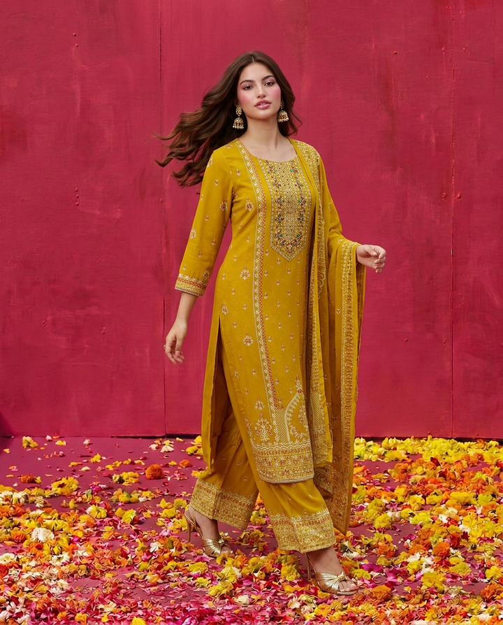 Yellow Embroidered Georgette Kurta Bottom Dupatta Set