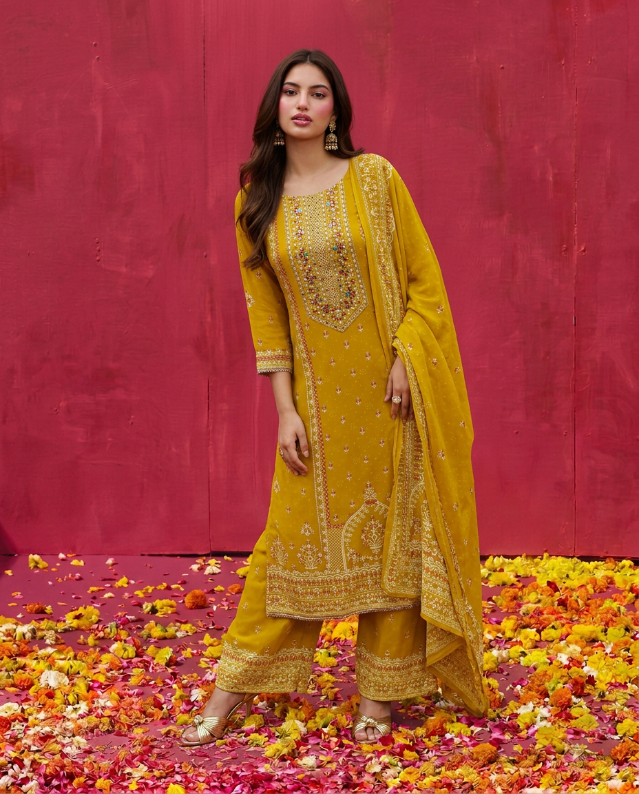 Yellow Embroidered Georgette Kurta Bottom Dupatta Set