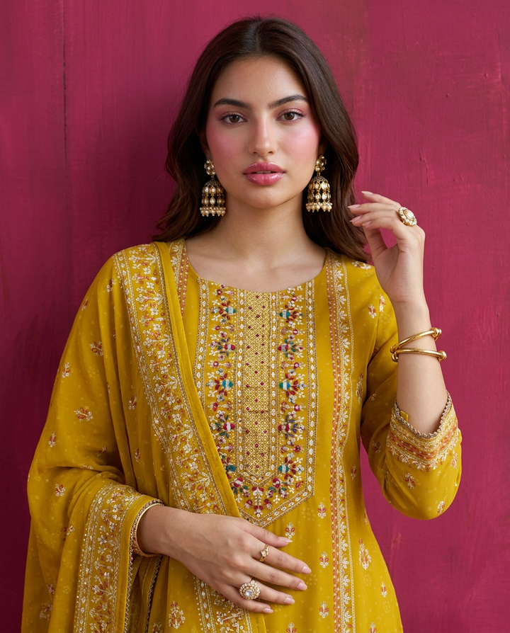 Yellow Embroidered Georgette Kurta Bottom Dupatta Set