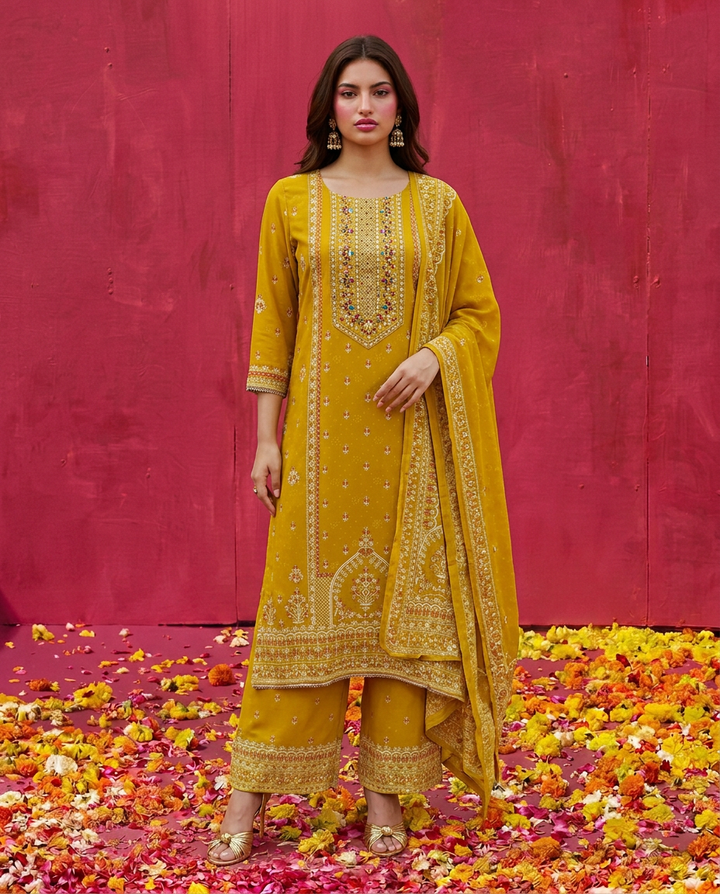Yellow Embroidered Georgette Kurta Bottom Dupatta Set
