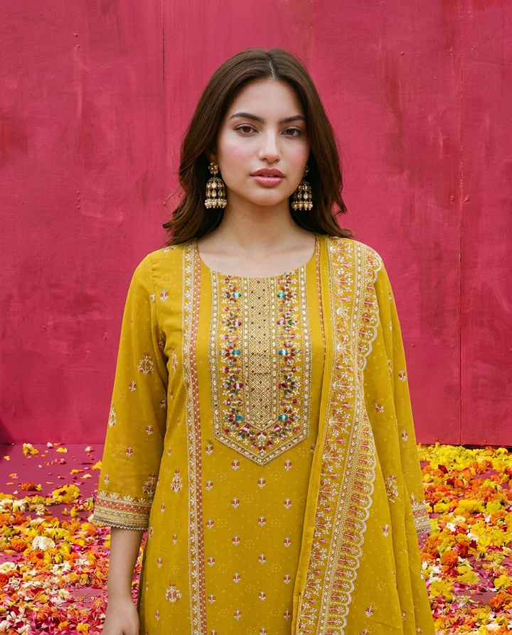 Yellow Embroidered Georgette Kurta Bottom Dupatta Set