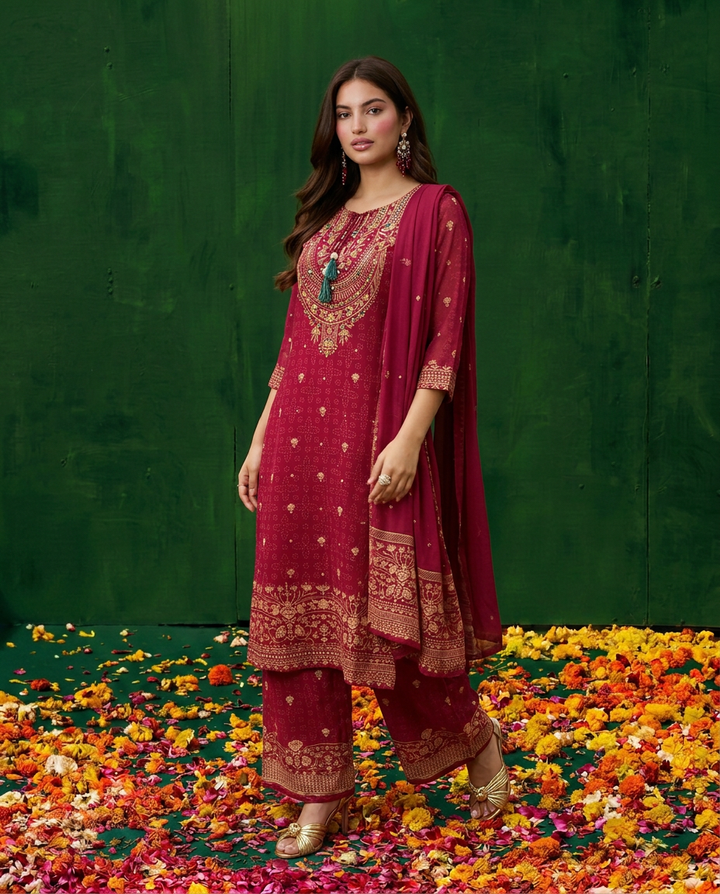 Red Embroidered Georgette Kurta Bottom Dupatta Set