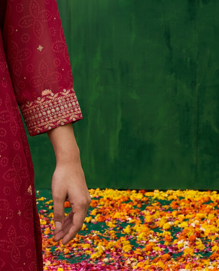 Red Embroidered Georgette Kurta Bottom Dupatta Set